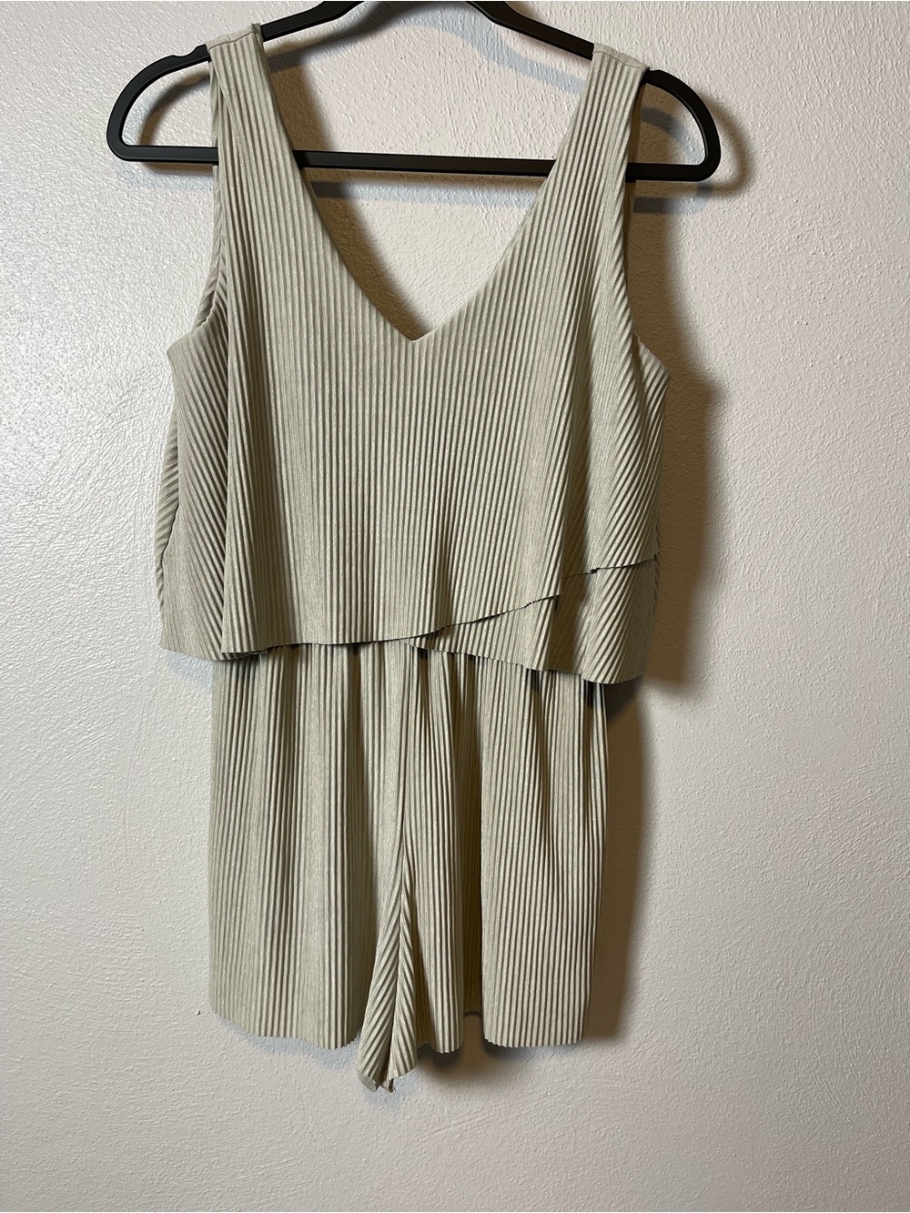 One Clothing V-Neck Ribbed Romper in Beige